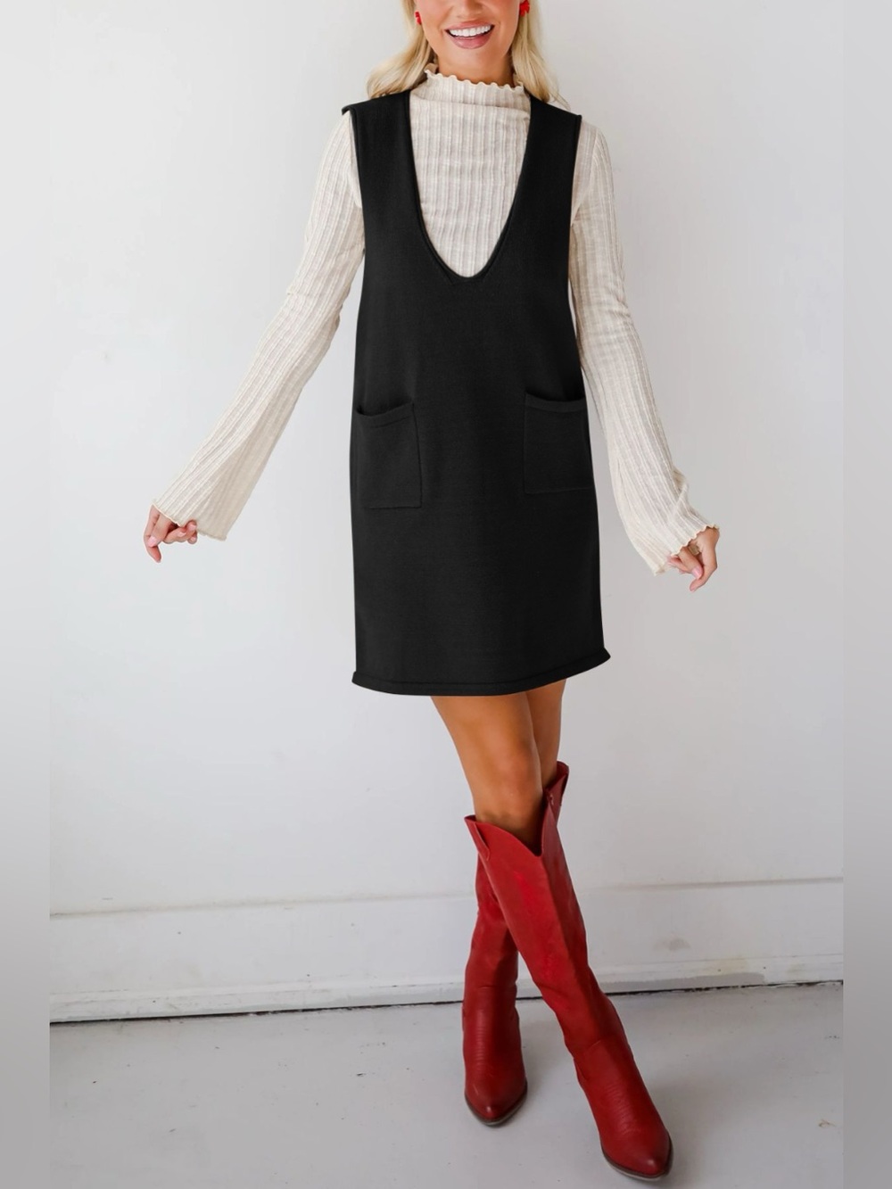 Lovelet Pocketed V-Neck Mini Sweater Overall Dress - Picture 12 of 16